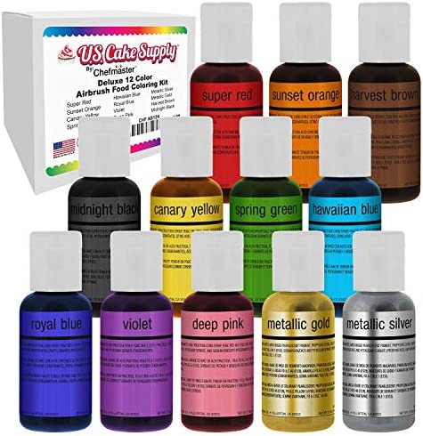 12 Color-US Cake Supply by Chefmaster Airbrush Cake Color Set - The 12 Most Popular Colors in 0.7 fl. oz. (20ml) Bottles
