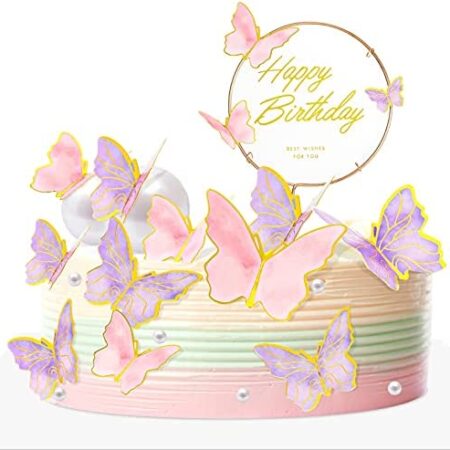 Canghai 21 Pcs Butterfly Cake Topper, Happy Birthday with Acrylic Cake Toppers Decorations for Girls Women's Personalized Birthday Baby Shower Wedding Anniversary Party Cake Topper (Purple&Pink)