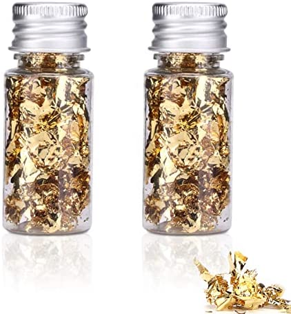 Edible Gold Leaf, 2 Bottles Gold Leaf Flakes Foil Cupcake Cake Toppers for Cakes Chocolates Food Decoration