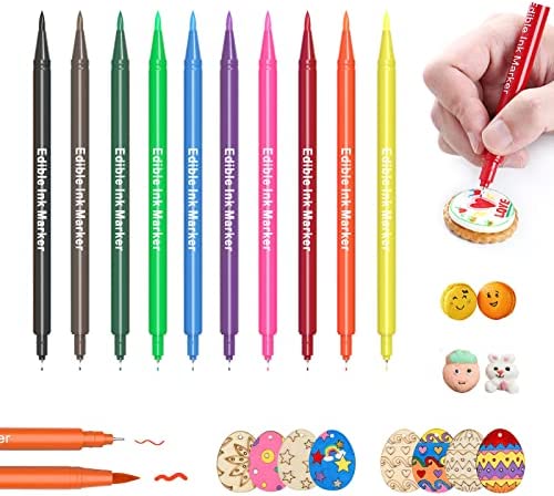 Edible Markers for Cookie Decorating,10Pcs Ultra Fine Tip(0.7mm) Food Coloring Pens,Upgrade Double Side Food Grade Pens for Decorating Cakes, Fondant, Desserts, Easter Eggs,DIY,Frosting,Baking Party