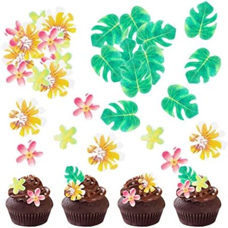 UgyDuky 83Pcs Edible Tropical Turtle Leaves and Flowers Cupcake Toppers Artificial Safari Green Palm Leaf Wafer Flowers Cake Decorations for Hawaii Jungle Theme Party Birthday Wedding Party Food Decoration Party Favors Mixed Size and Colors