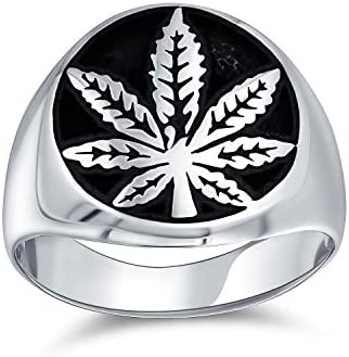 Personalized Unisex Cannabis Weed Jewelry Marijuana Leaf Medallion Flat Round Signet Marijuana Leaf Ring Western Jewelry For Men Oxidized .925 Sterling Silver Handmade In Turkey Customizable
