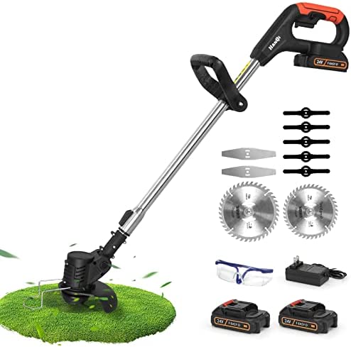 Electric Cordless Weed Wacker,24V 2Ah Battery Powered Weed Eater with 2 Batteries and 3 Types Blades,Lightweight and Powerful String Trimmer for Yard and Garden(Black)