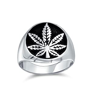 Unisex Cannabis Weed Jewelry Marijuana Leaf Medallion Flat Round Signet For Men Oxidized 925 